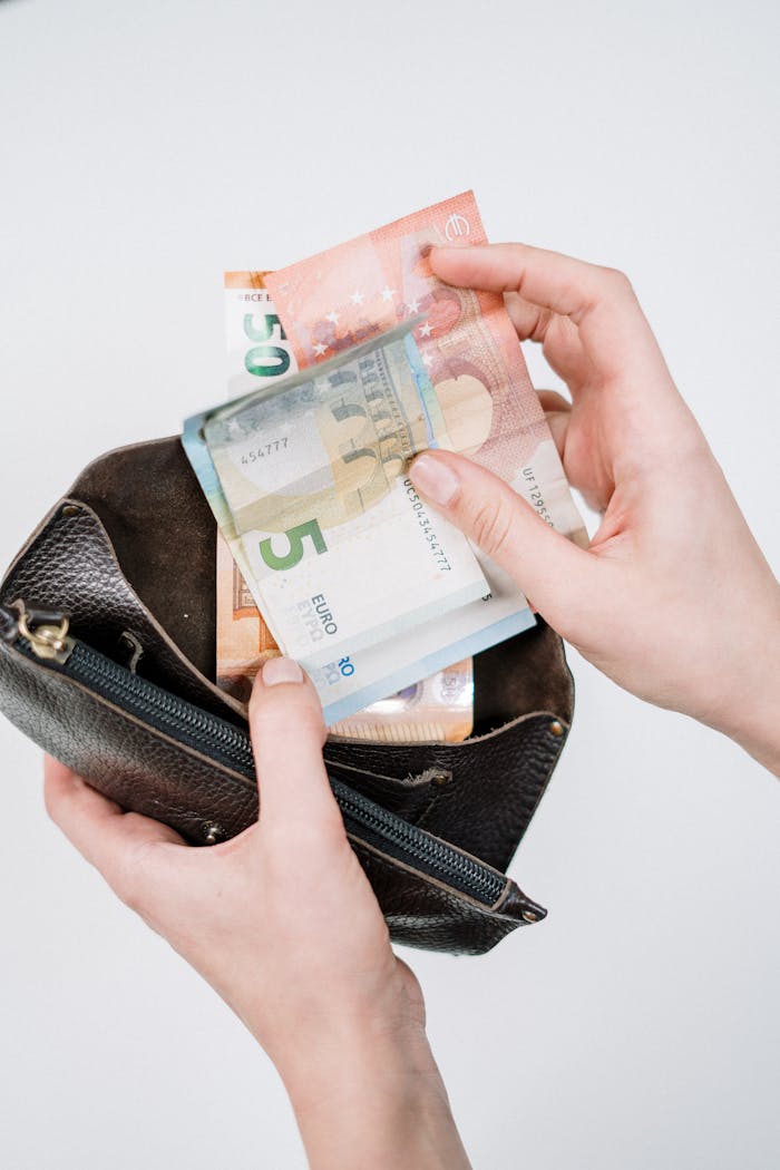 Close-up of hands handling euro bills with a wallet, depicting financial transactions.